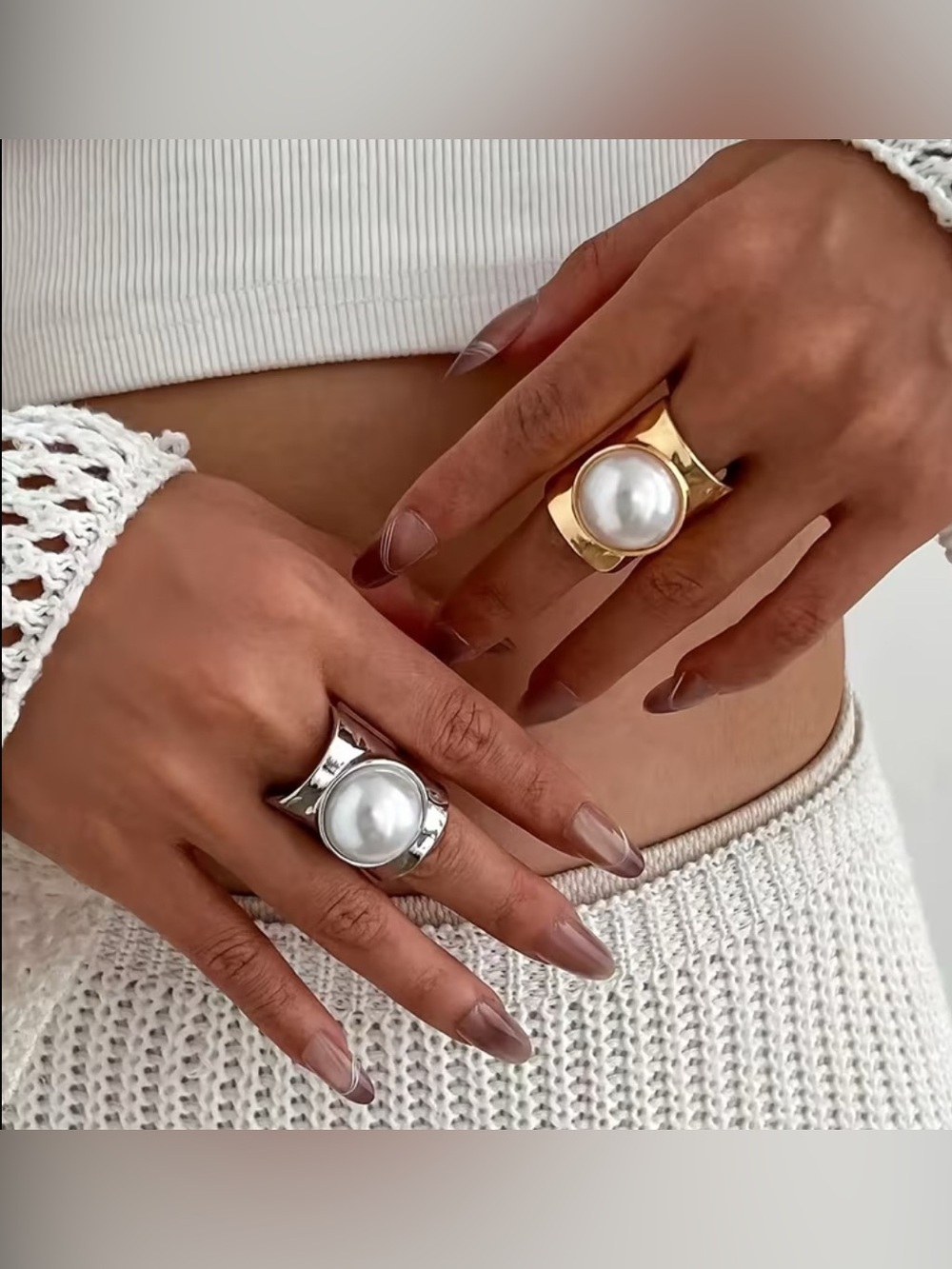 Contemporary Gold Pearl Ring with White Pearl Dome One Size
